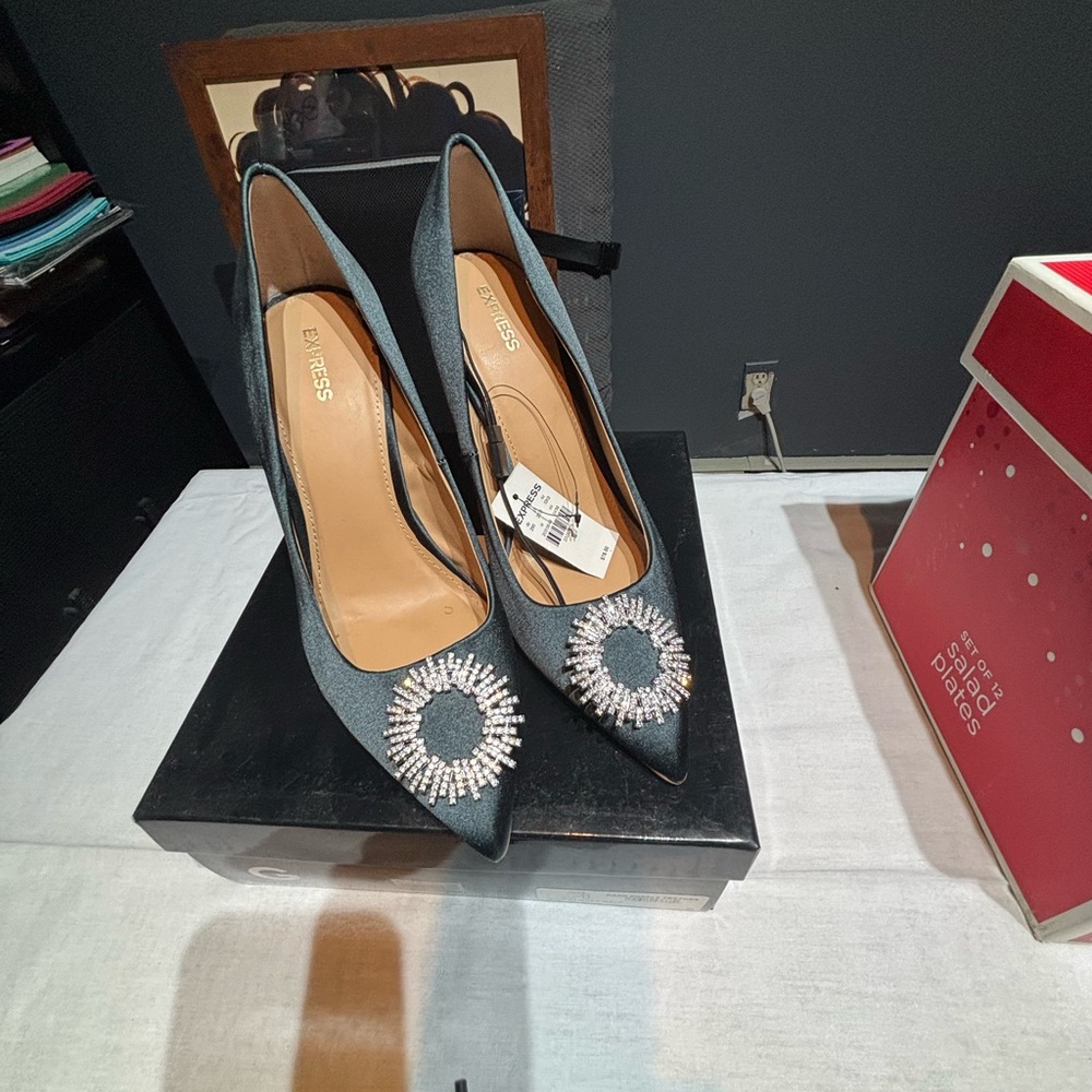 Teal Heels with Rhinestone Embellishment